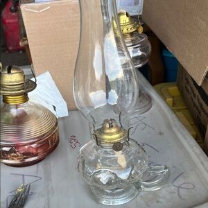 Vintage Glass Oil Lamp with Brass Accents